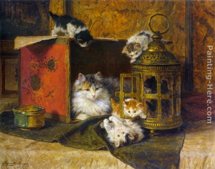 Henriette Ronner-Knip A Mother Cat Watching Her Kittens Playing